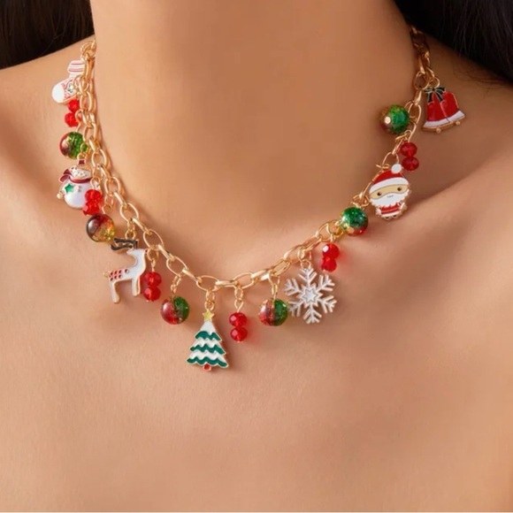 Fashion Jewelry Jewelry - Christmas Charm Necklace with Red and Green Beads - 14.5”-17.5”